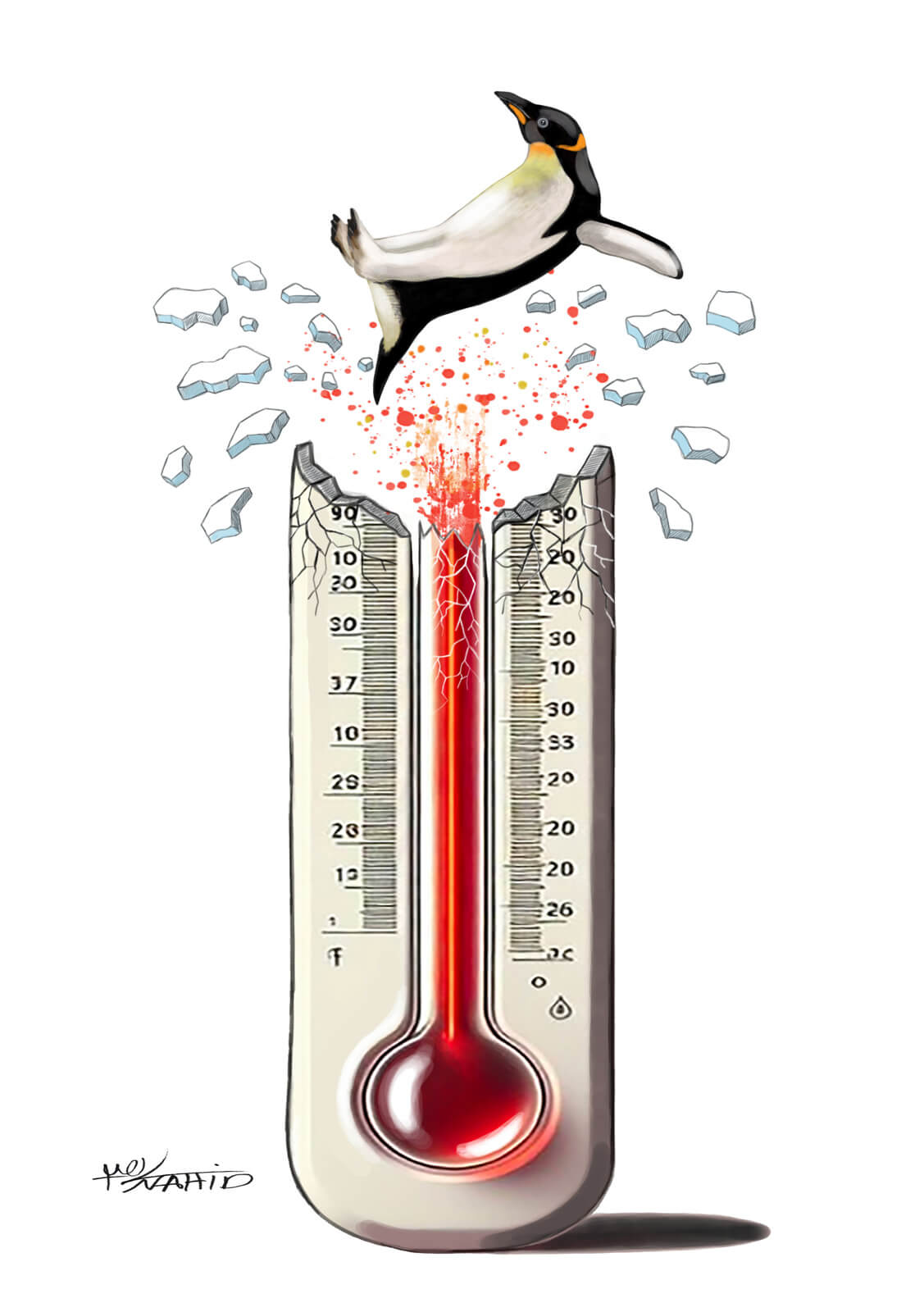 Cartoon von Pinguin, der über zerberstenden Thermometer in die Luft gehoben wird, symbolisch für Klimaerhitzung
