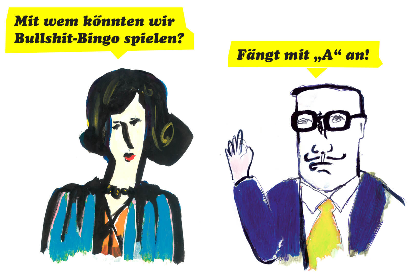 zwei illustrierte Peronen mit Sprechblasen