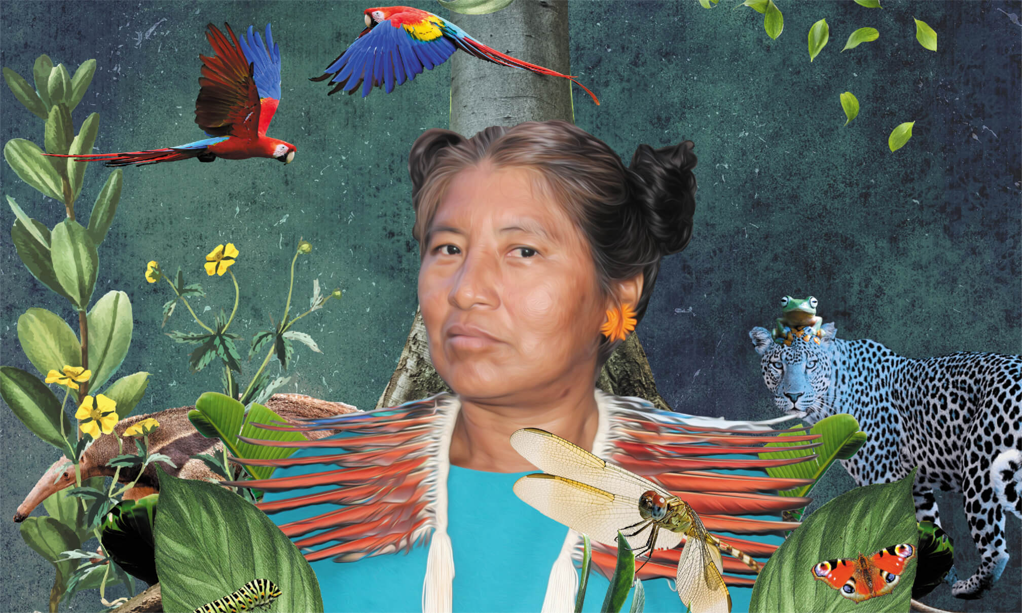 Die Stärke der Frauen und der Natur: Collage mit Foto der indigenen Frau Francenice Batista Farias. Als Inspiration dienten die Frisur der indigenen Hopi Nordamerikas, die mexikanische Revolutionärin Clara de La Rocha sowie die Star Wars-Filmfigur Prinzessin Leia.